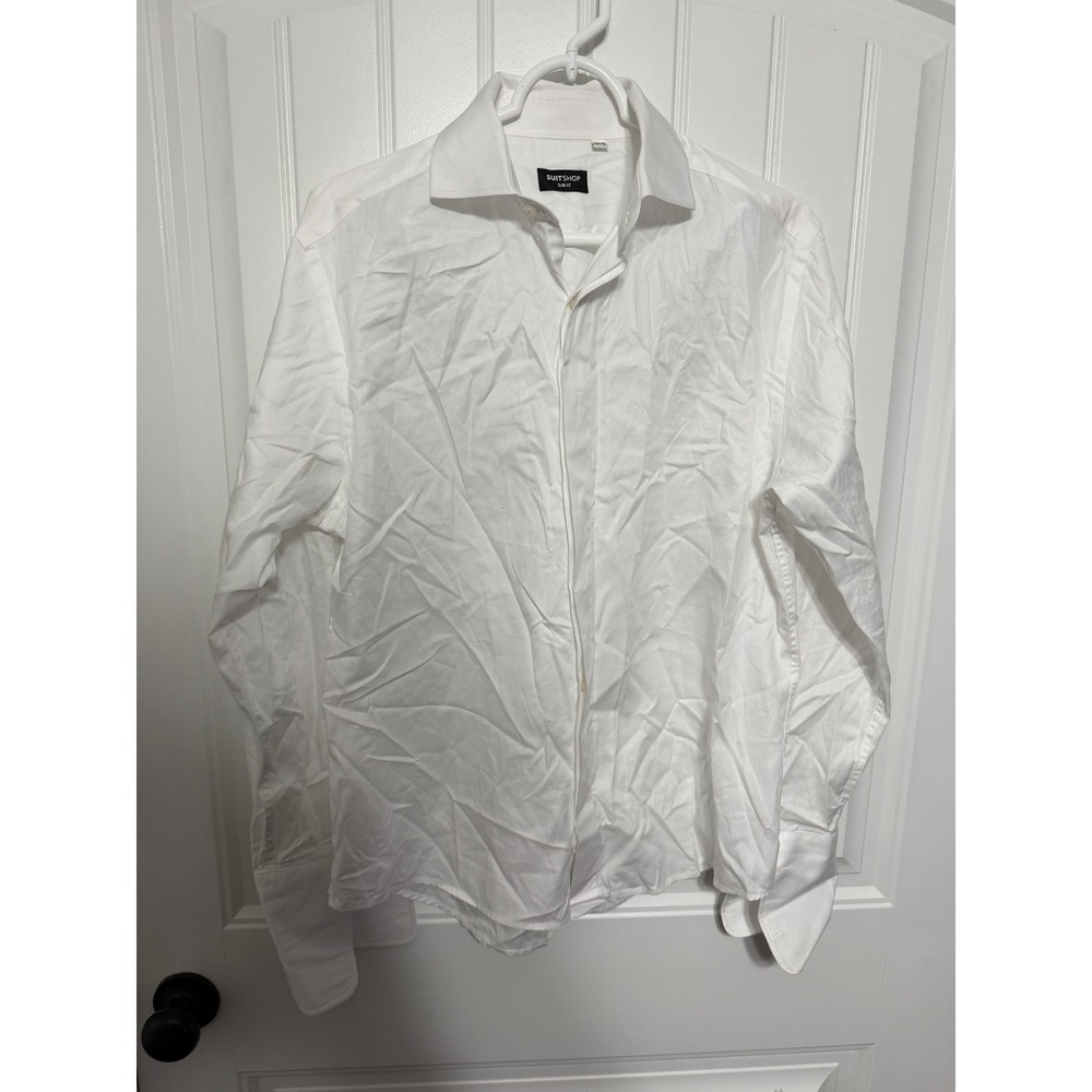 SuitShop Dress Shirt Mens Medium Slim Fit White French Cuff Button Down EUC